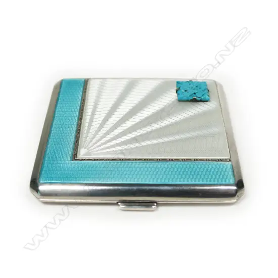 An Art Deco silver and guilloche enamel card case,