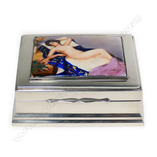 A late 20thC silver and risqué enamelled table box,