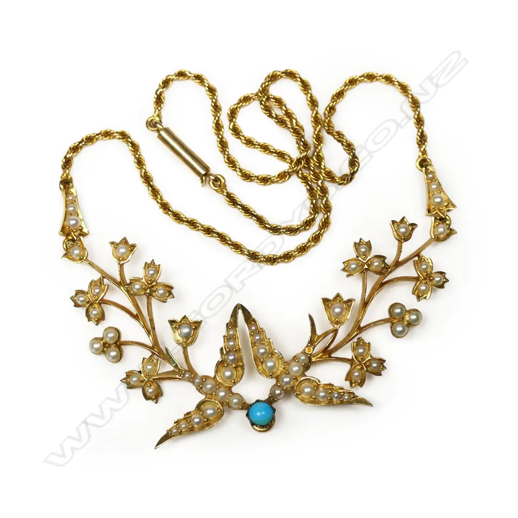 An Edwardian 15ct gold seed pearl and turquoise necklace, Image 1++
