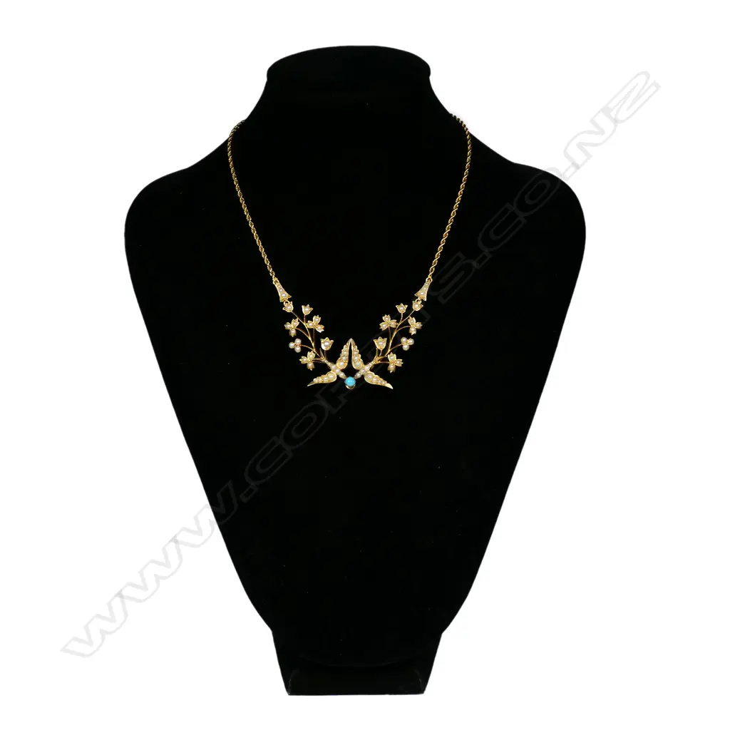 An Edwardian 15ct gold seed pearl and turquoise necklace, Image 1++