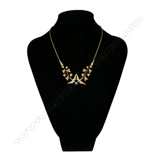 An Edwardian 15ct gold seed pearl and turquoise necklace,