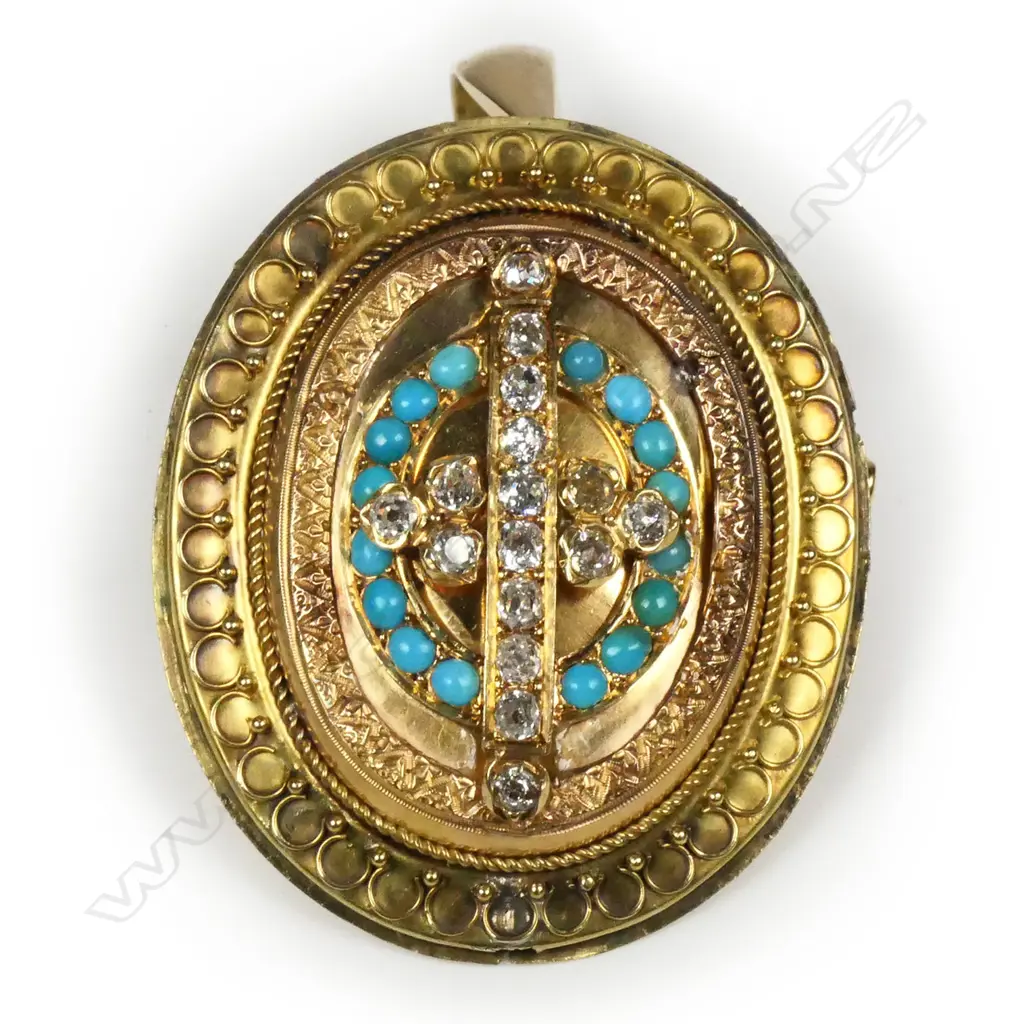 An impressive19thC 18ct yellow gold diamond and turquoise pendant brooch, Image 1++