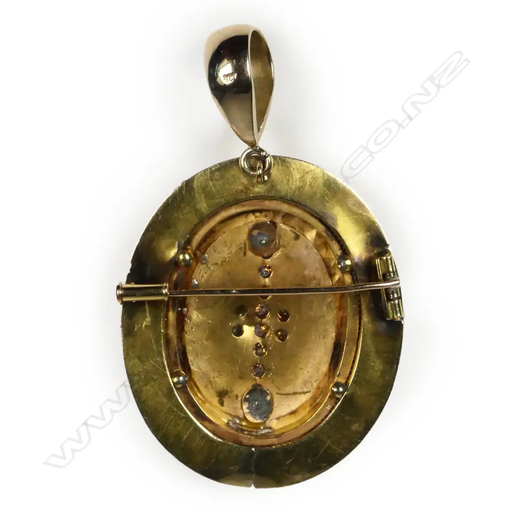 An impressive19thC 18ct yellow gold diamond and turquoise pendant brooch, Image 1++
