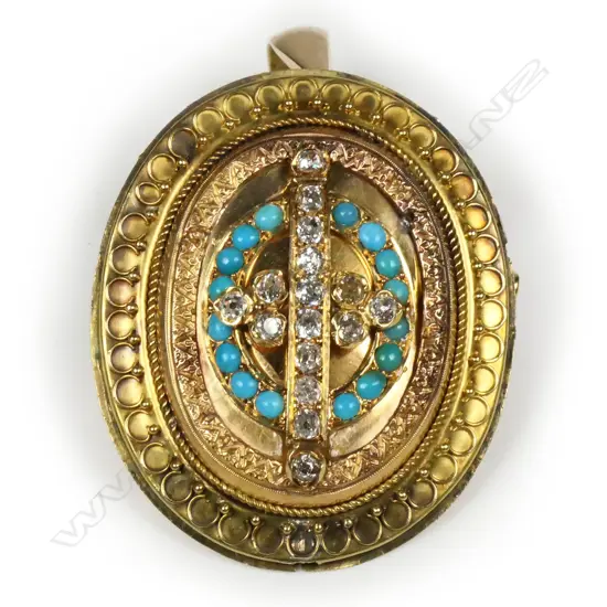 An impressive19thC 18ct yellow gold diamond and turquoise pendant brooch,