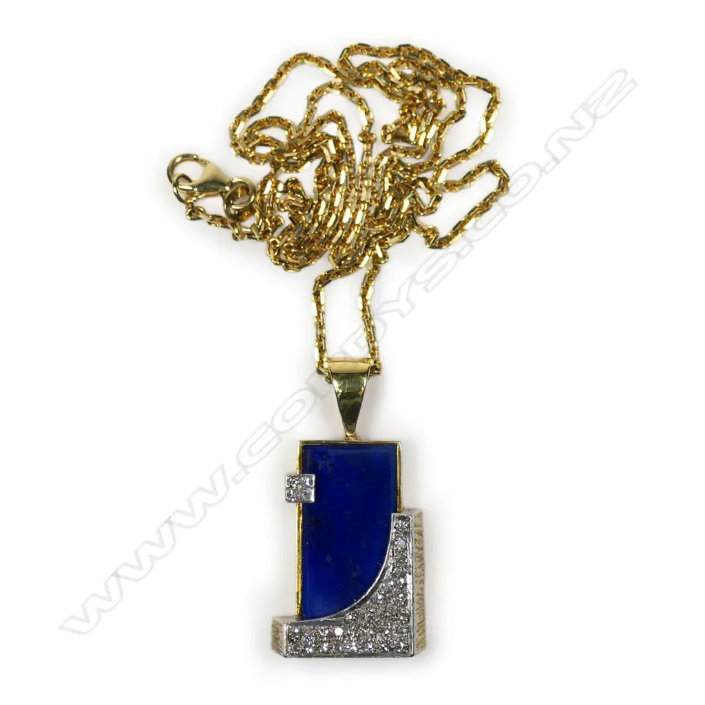 A 14ct yellow and white gold framed lapis lazuli and diamond pendant on chain, Image 1++