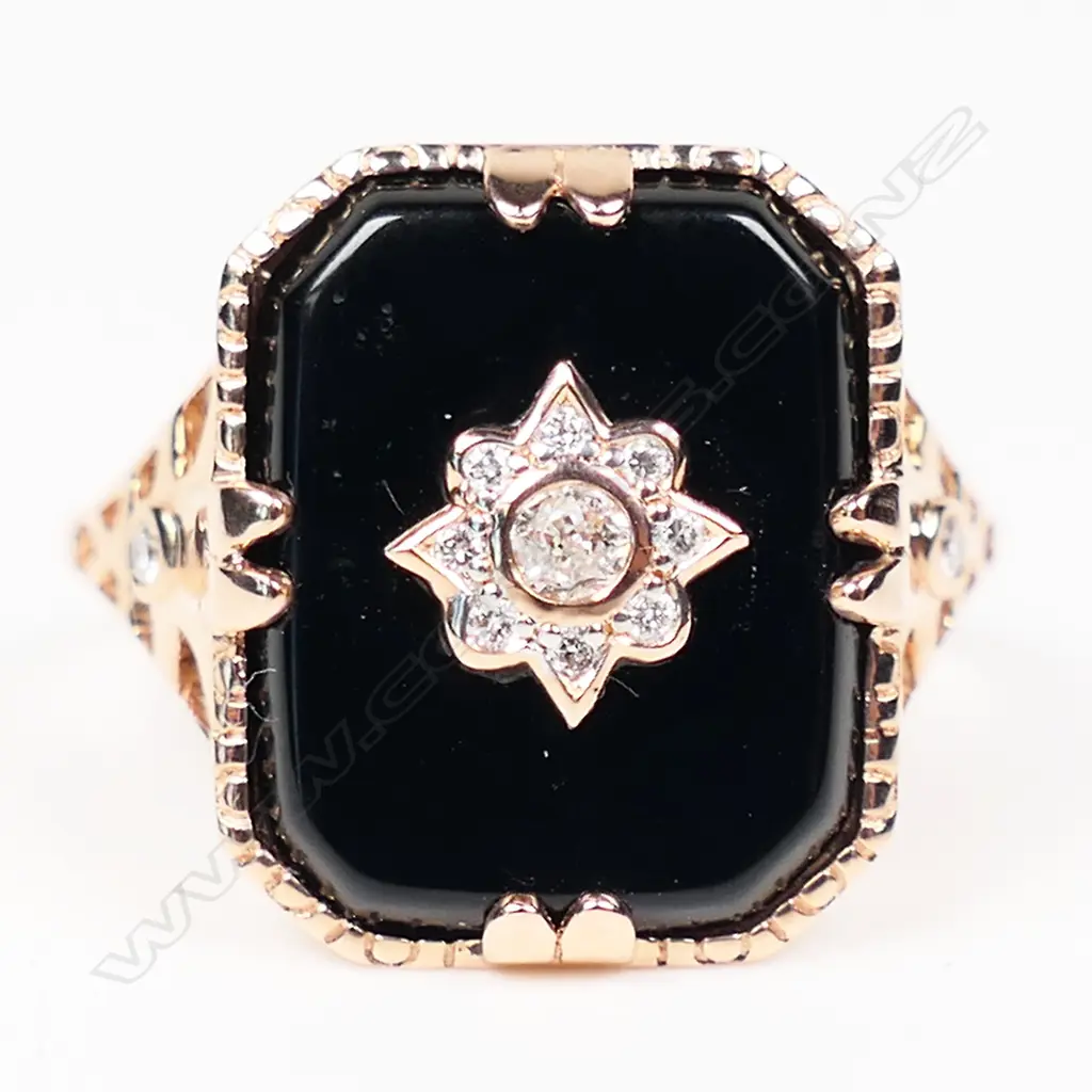 A 14ct rose gold onyx and diamond Art Deco style ring, Image 1++