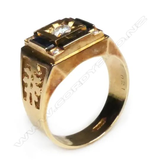 A 14ct gold diamond and sapphire gent's ring,