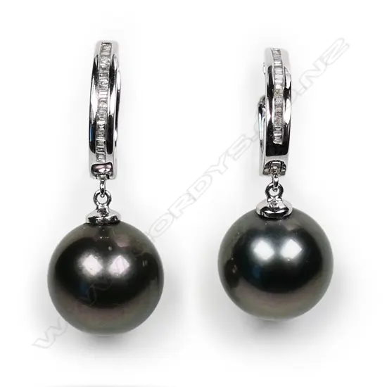 A pair of large South Sea black cultured pearl 18ct gold and diamond earrings,