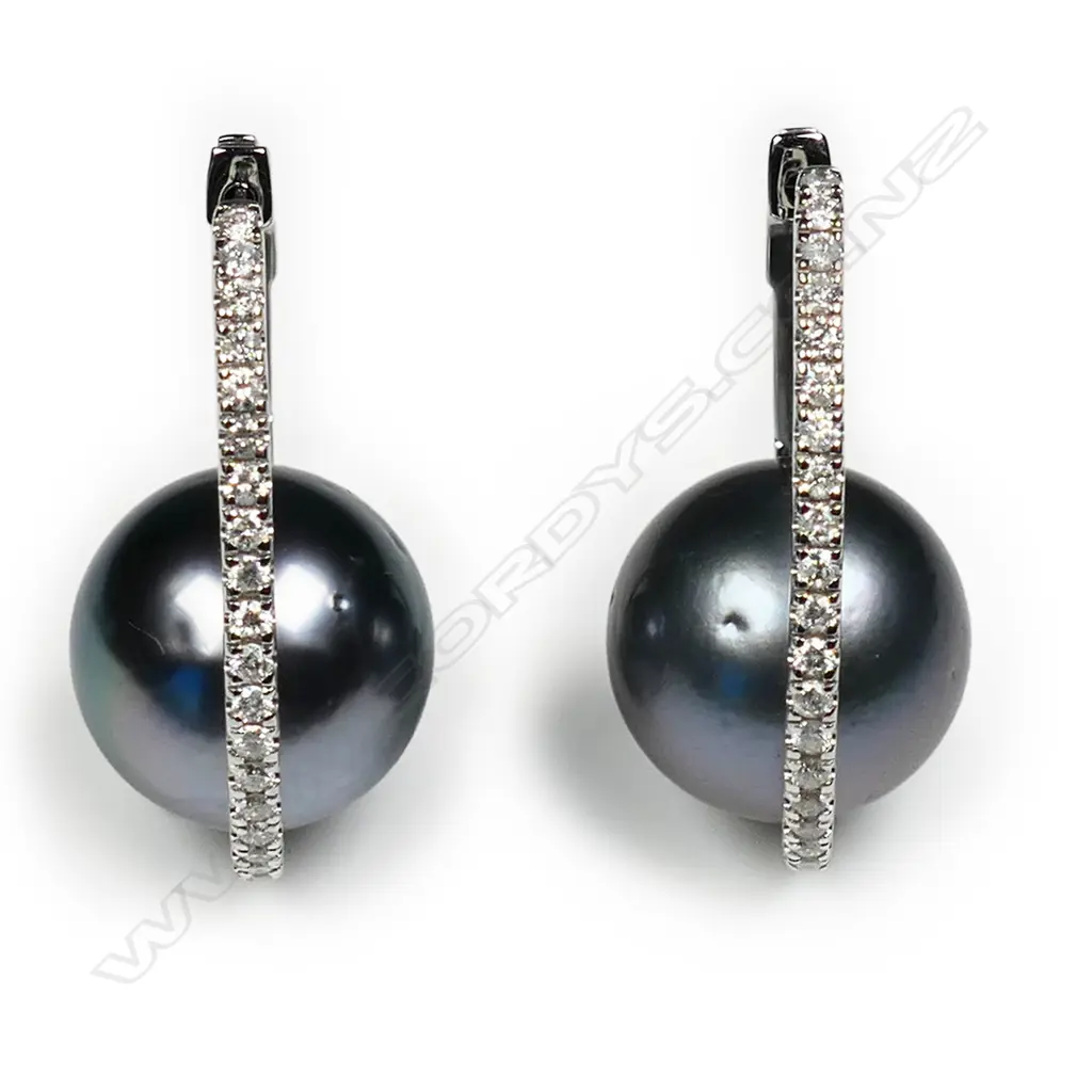 A pair of 14ct white gold black Tahitian pearl and diamond hoop earrings, Image 1++