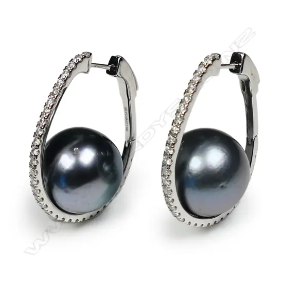 A pair of 14ct white gold black Tahitian pearl and diamond hoop earrings,