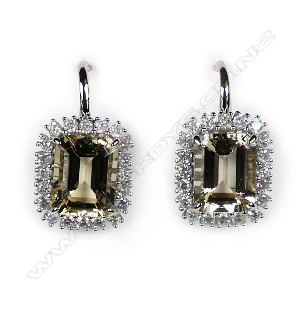 A pair of 14ct white gold heliodor and diamond halo drop earrings, Image 1++