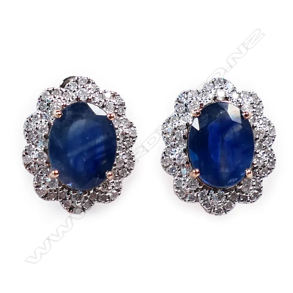 A pair of 14ct rose gold sapphire and diamond halo earrings, Image 1++