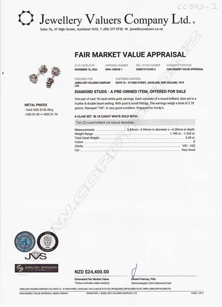 A pair of 18ct white gold and diamond stud earrings, Image 1++