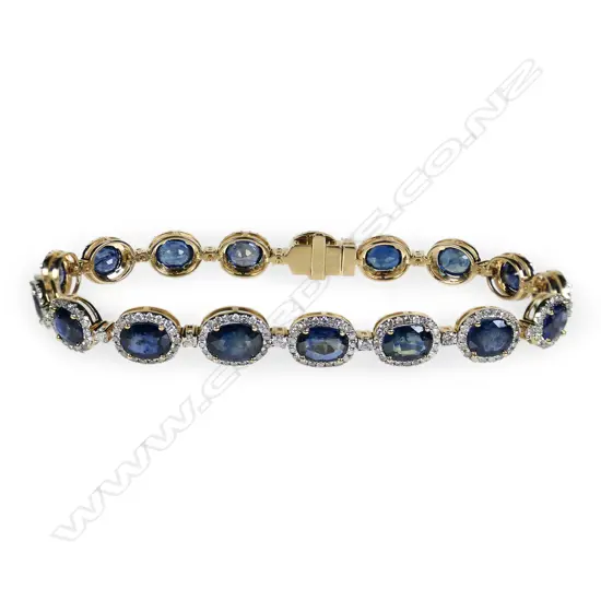 A 14ct gold sapphire and diamond halo bracelet,