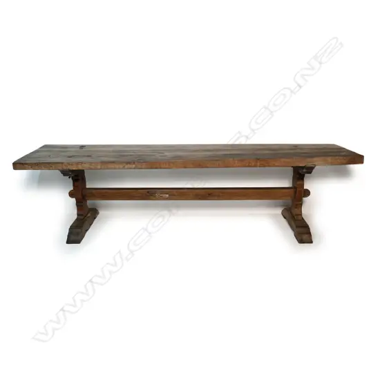 A substantial rustic country fruit wood refectory dining table,