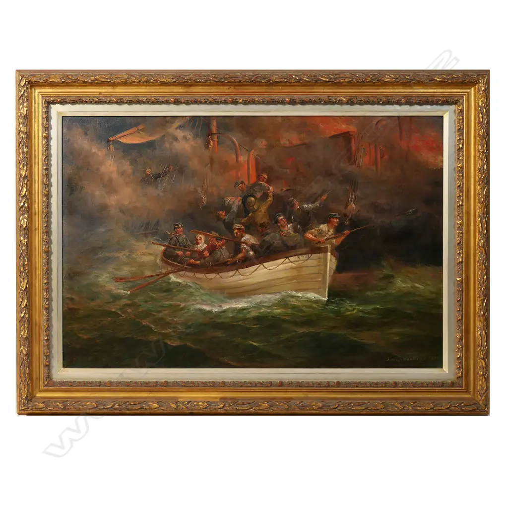 John Elder Moultray (Scotland/NZ 1865-1922), 'The Last Boat. Leaving a Burning Ship' Image 1++