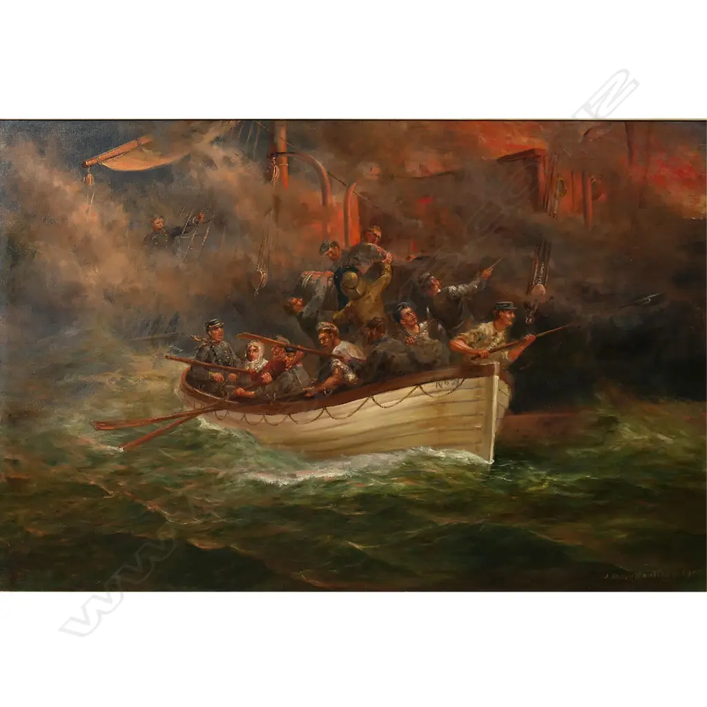 John Elder Moultray (Scotland/NZ 1865-1922), 'The Last Boat. Leaving a Burning Ship' Image 1++