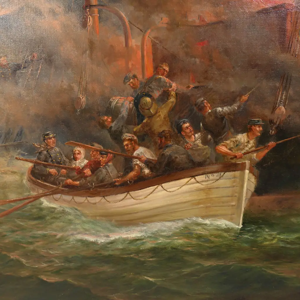 John Elder Moultray (Scotland/NZ 1865-1922), 'The Last Boat. Leaving a Burning Ship' Image 1++