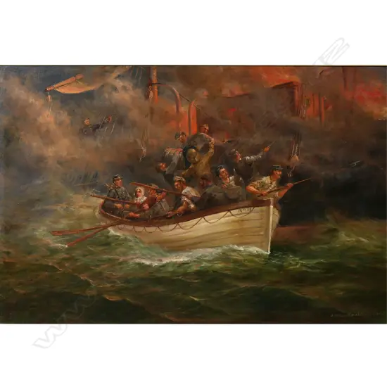 John Elder Moultray (Scotland/NZ 1865-1922), 'The Last Boat. Leaving a Burning Ship'