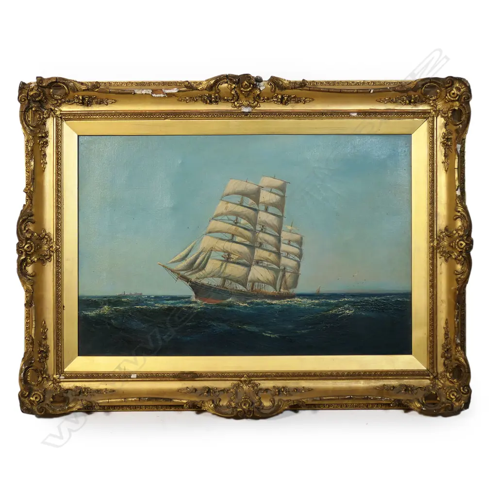 J. Mackay, Merchant Vessel in full sail with steamer in left background, Image 1++