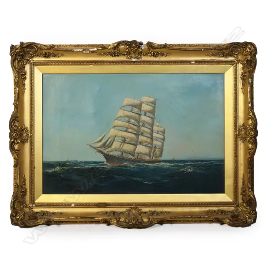 J. Mackay, Merchant Vessel in full sail with steamer in left background,