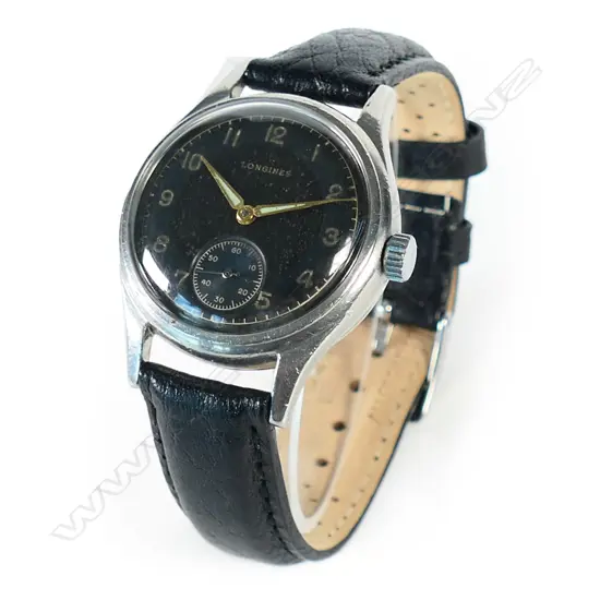 A Longines WWII stainless steel black dial wristwatch,