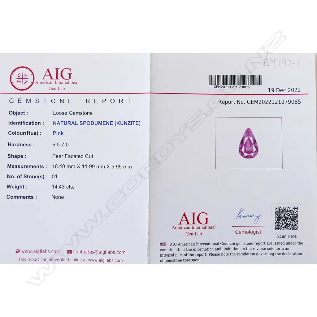 A 14.43ct unset pink Kunzite, Image 1++