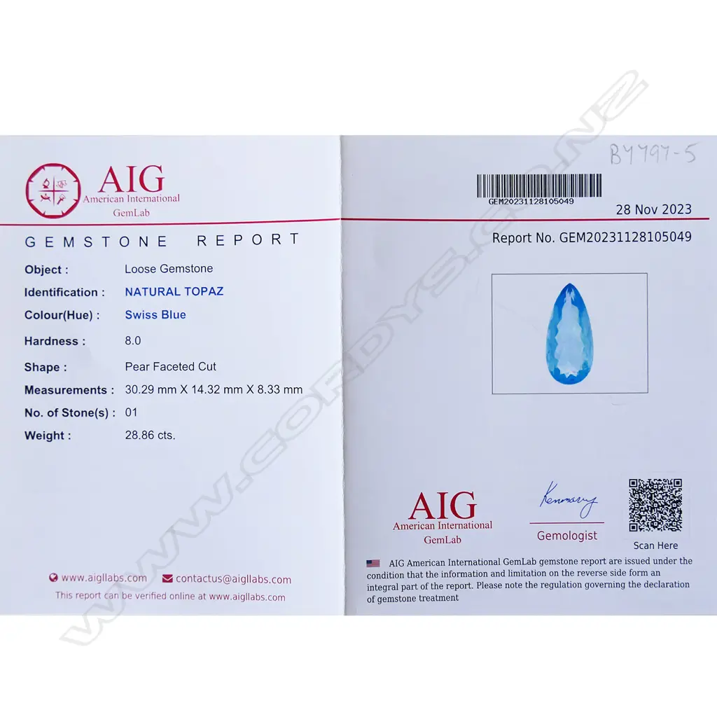 A 28.86ct unset Swiss Blue Topaz, Image 1++