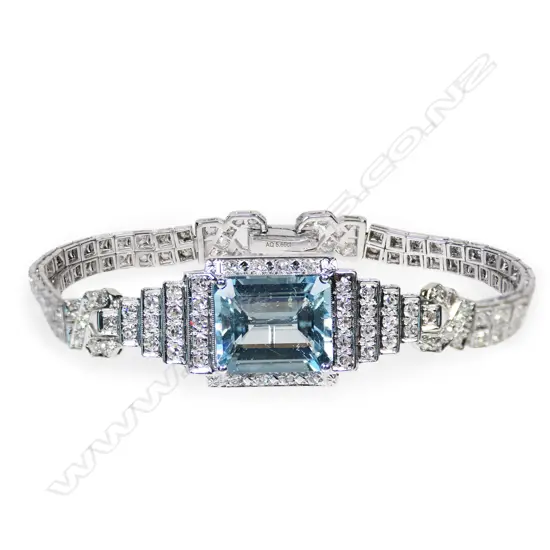 A 14ct white gold aquamarine and diamond Art Deco bracelet,
