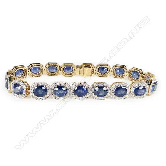 A 14ct gold, sapphire and diamond vintage style halo bracelet,