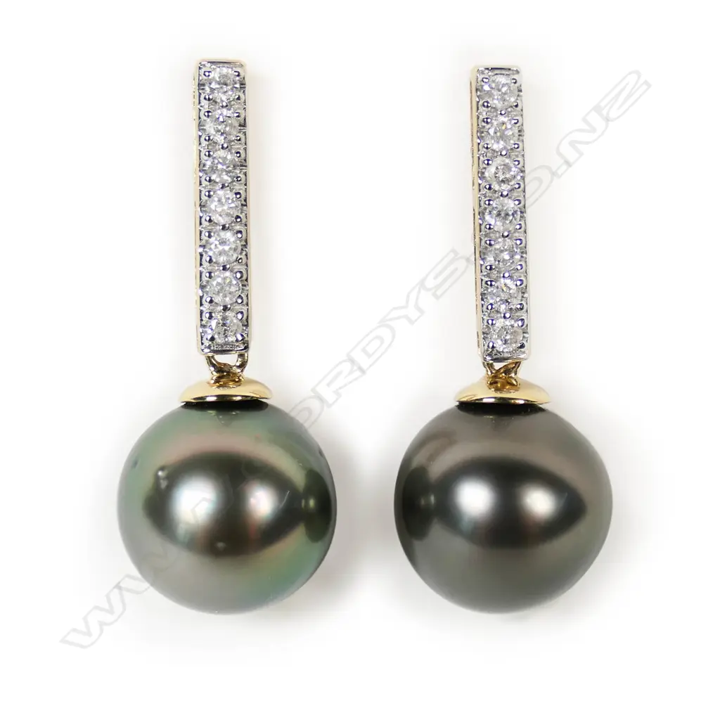 A pair of 14ct gold Tahitian pearl and diamond drop earrings, Image 1++