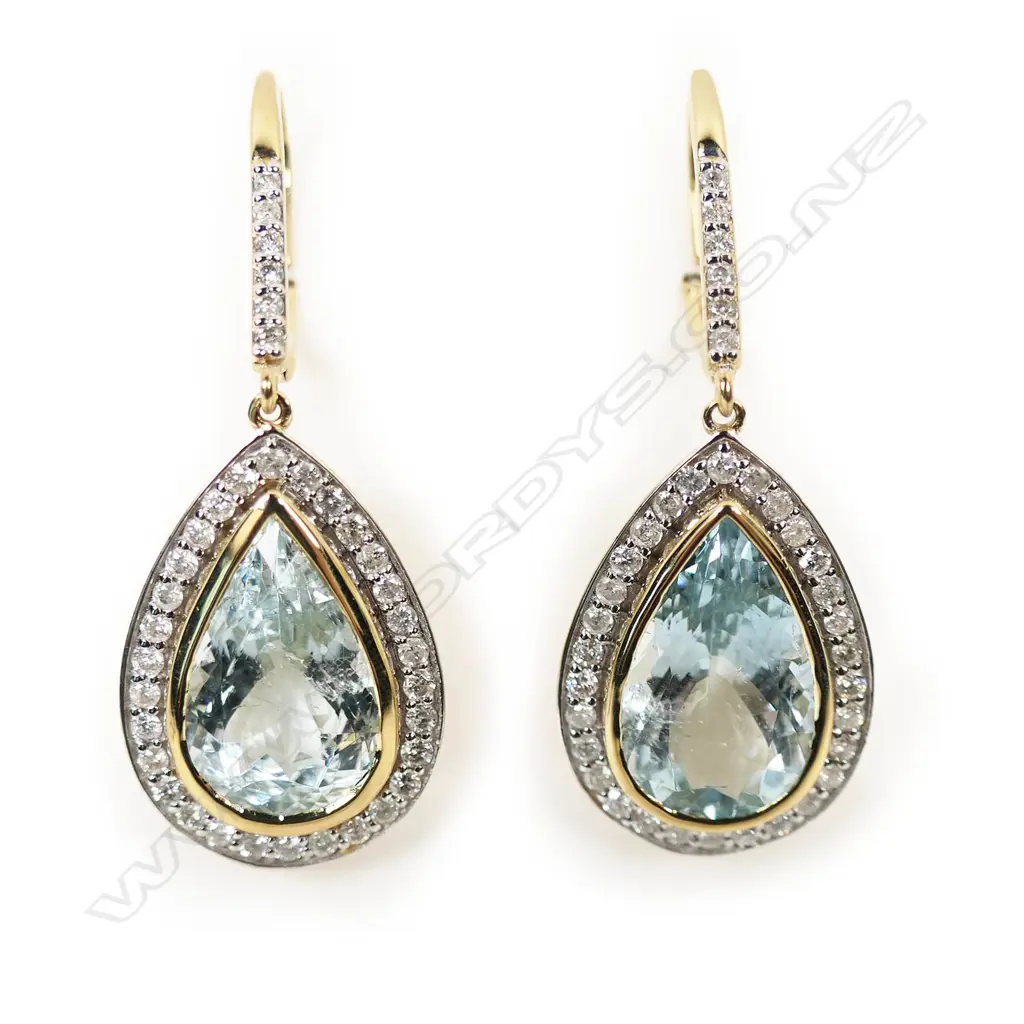 A pair of 14ct gold aquamarine and diamond halo drop earrings, Image 1++