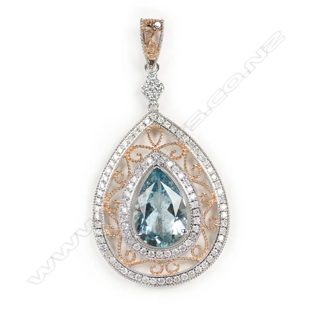 A 14ct white and rose gold aquamarine and diamond statement pendant, Image 1++