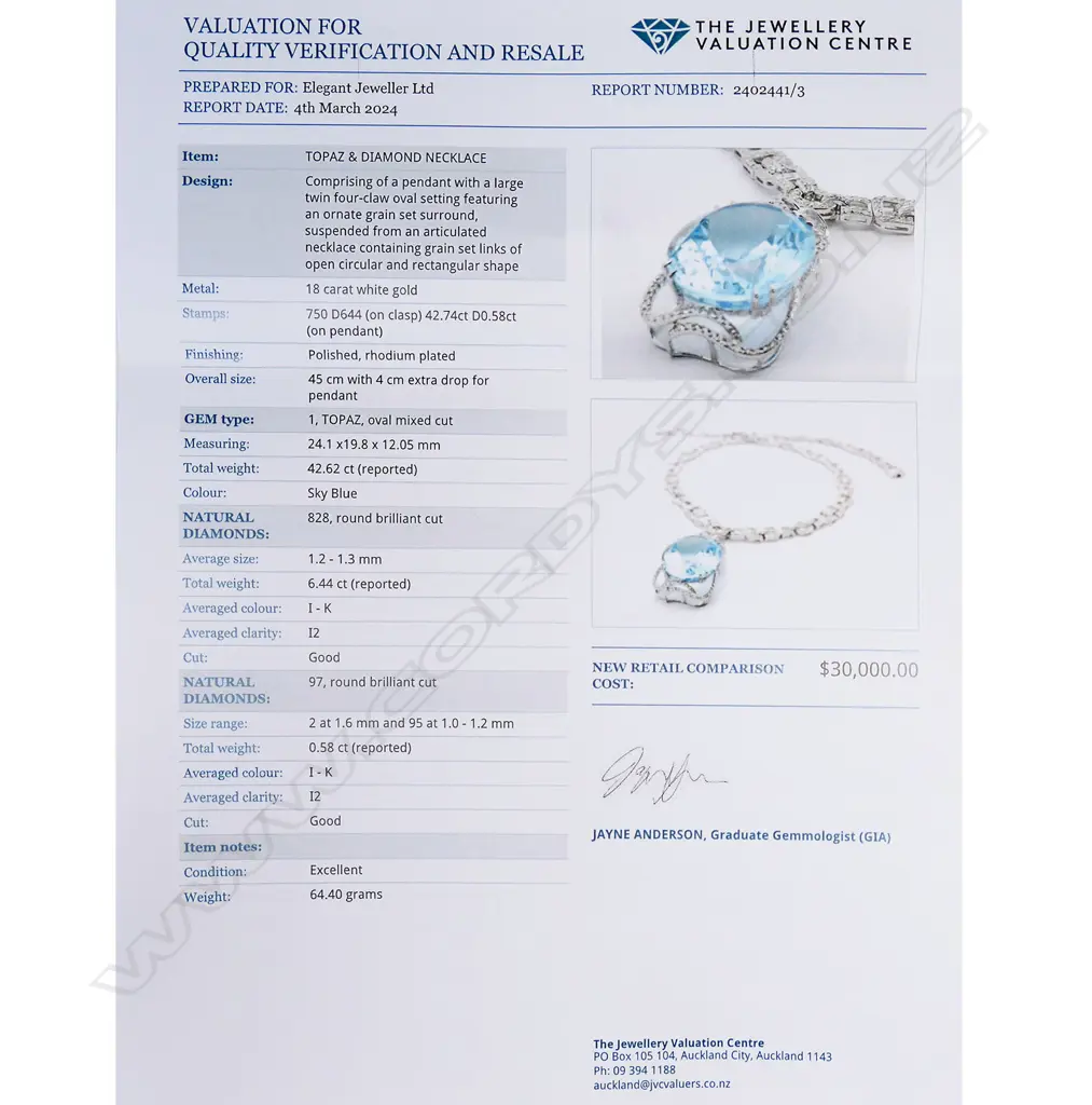 An 18ct white gold blue topaz and diamond pendant necklace, Image 1++