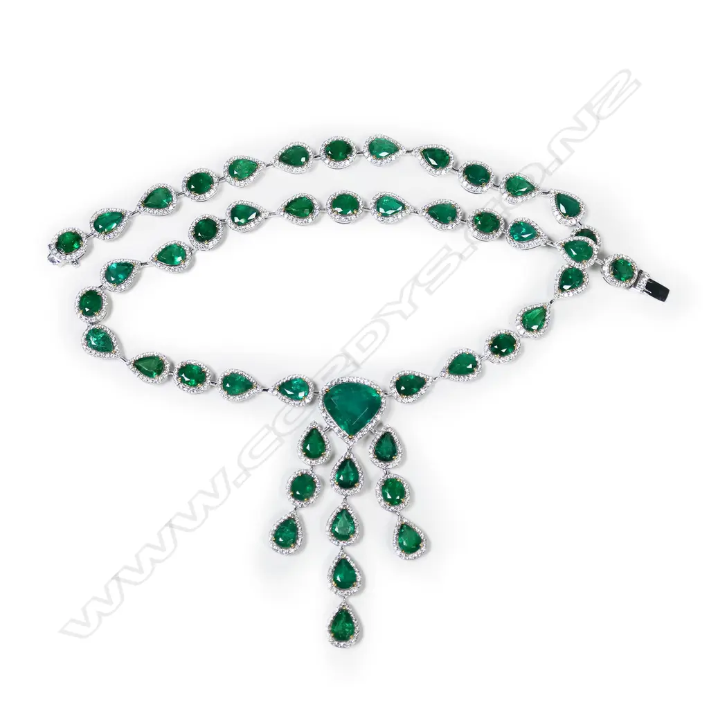 An impressive 18ct white gold emerald and diamond multi stone necklace, Image 1++