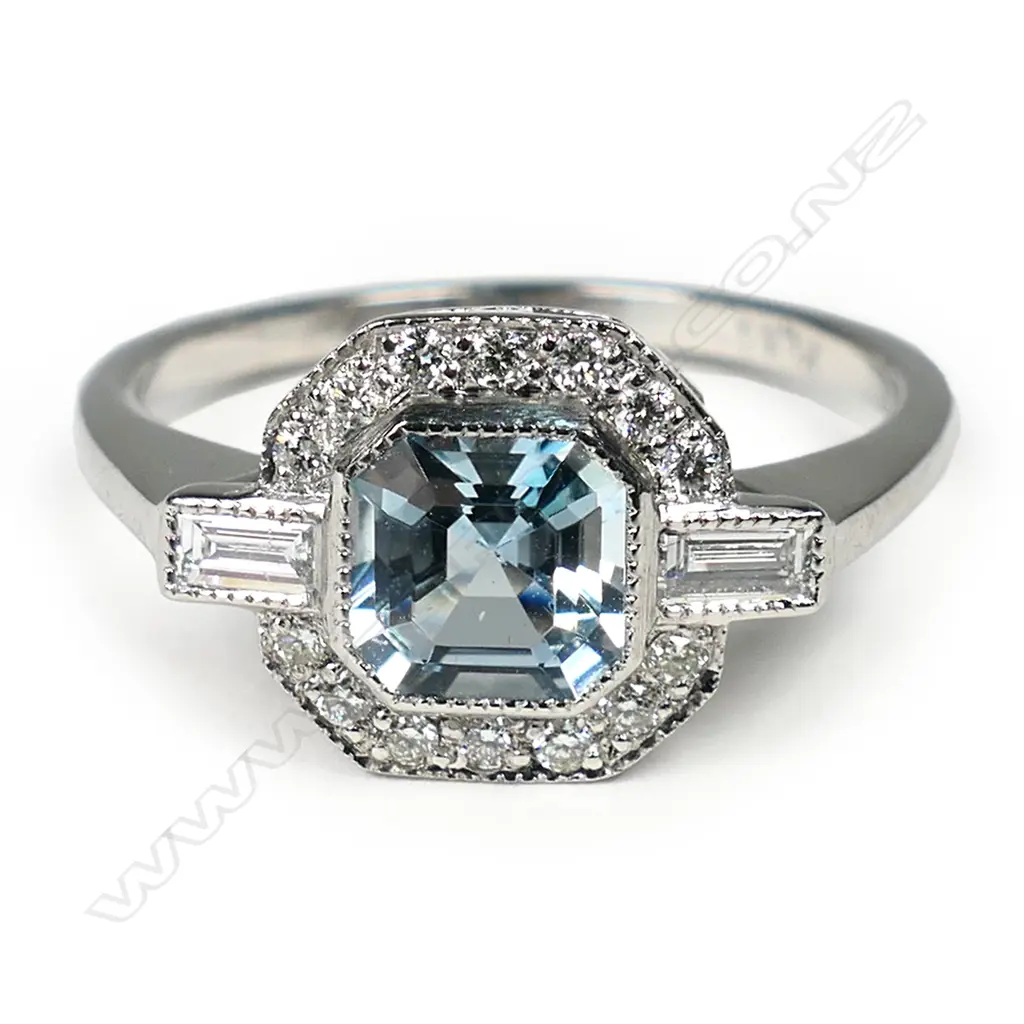 An 18ct white and yellow gold aquamarine and diamond Art Deco style ring, Image 1++