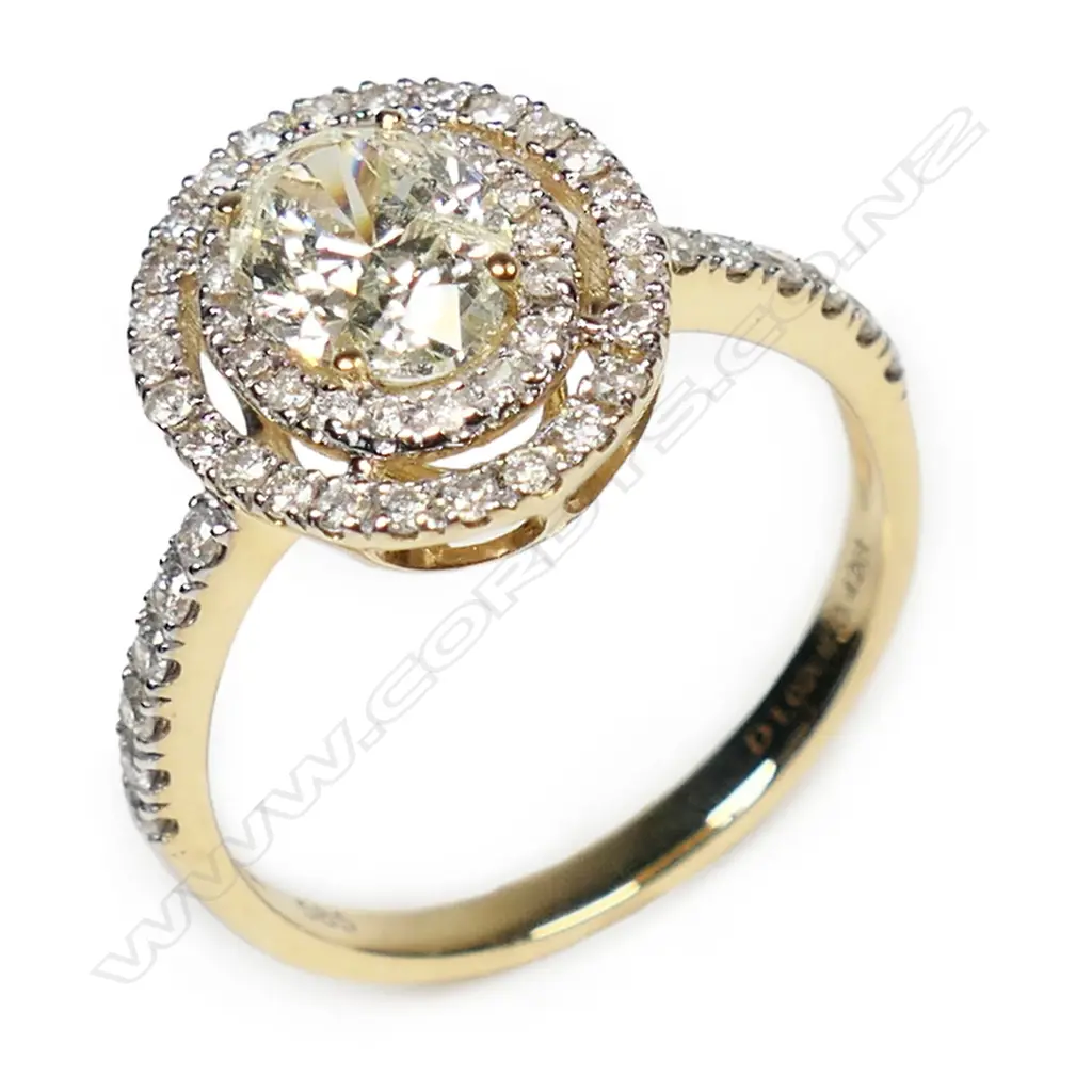 A 14ct gold yellow diamond double halo ring, Image 1++