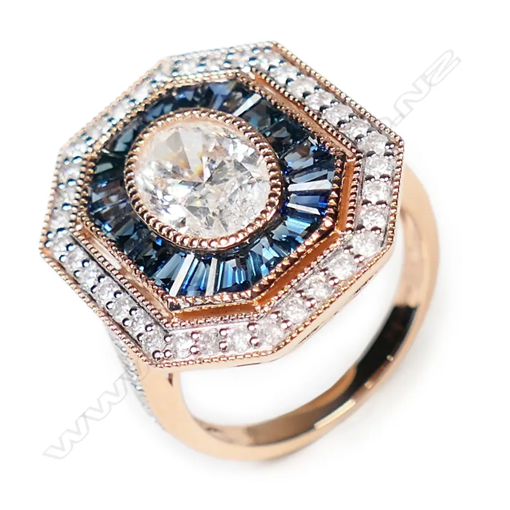 A 14ct rose gold diamond and sapphire antique style cocktail ring, Image 1++