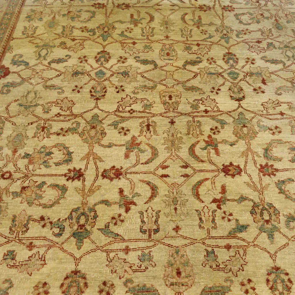 An Afghan Ziegler Chobi all-wool hand-knotted carpet 2950 x 2550mm. Some sunlight fading and other marks. Purchased May 2005 from Persian Art Gallery Crow’s Nest NSW. Image 1++