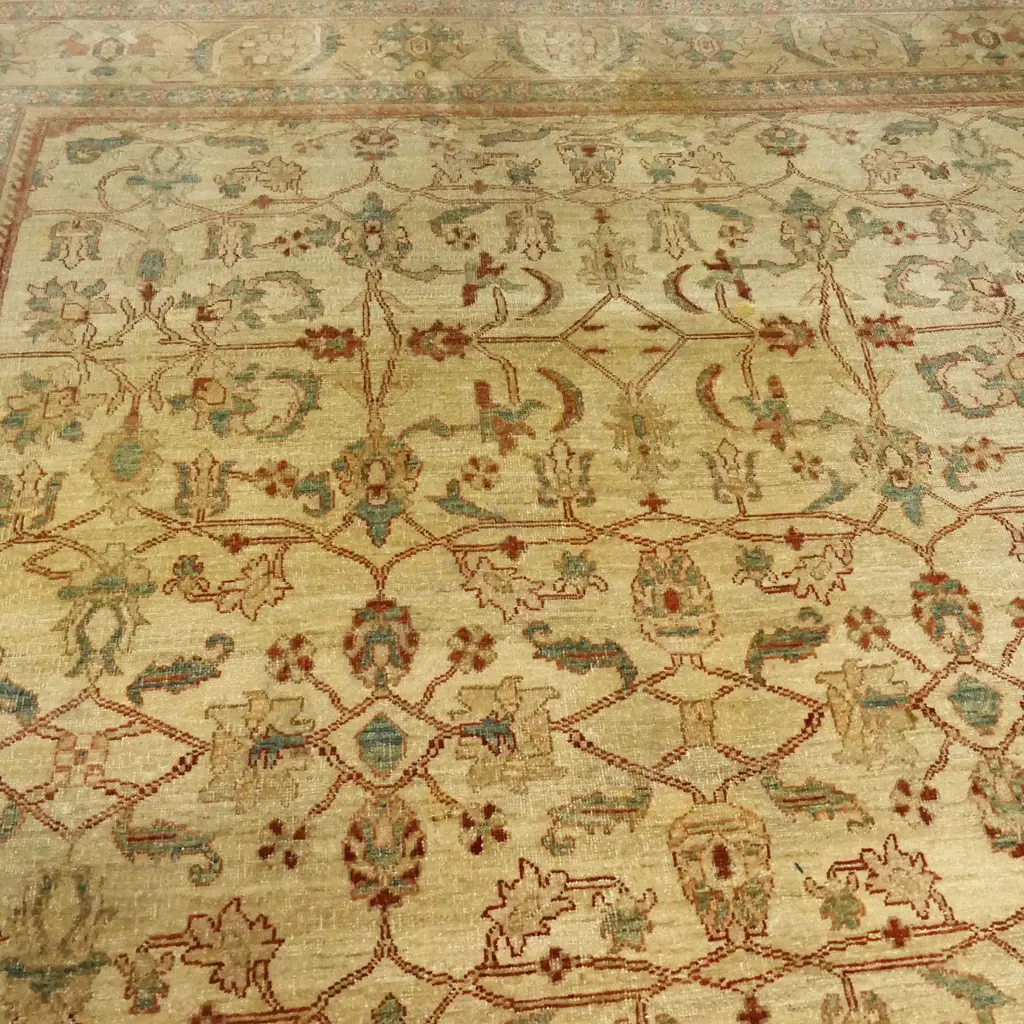 An Afghan Ziegler Chobi all-wool hand-knotted carpet 2950 x 2550mm. Some sunlight fading and other marks. Purchased May 2005 from Persian Art Gallery Crow’s Nest NSW. Image 1++