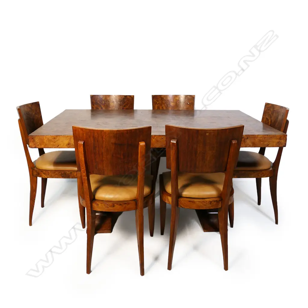 A French Art Deco burr walnut veneer dining suite, Image 1++