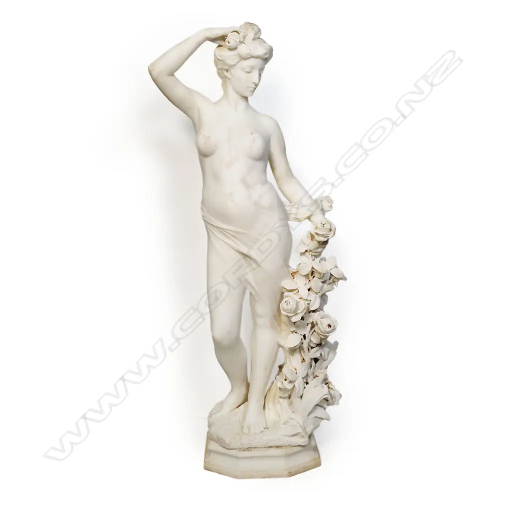 A fine large 19thC Italian carved Carrara white marble sculpture of a young naked woman standing, Image 1++