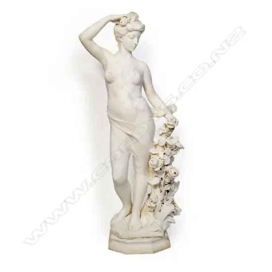 A fine large 19thC Italian carved Carrara white marble sculpture of a young naked woman standing,