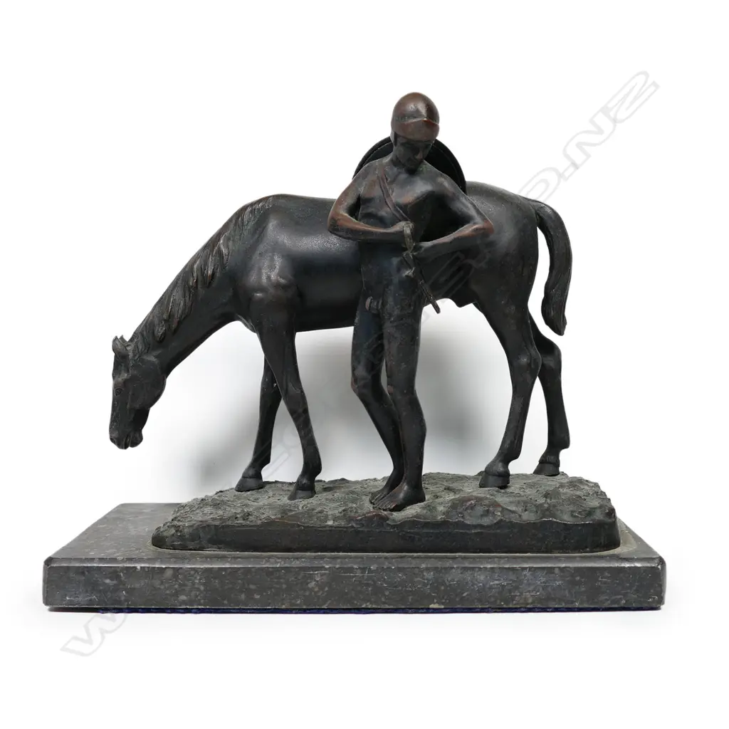 An early 1900s bronze figure of a Spartan warrior and horse, Image 1++