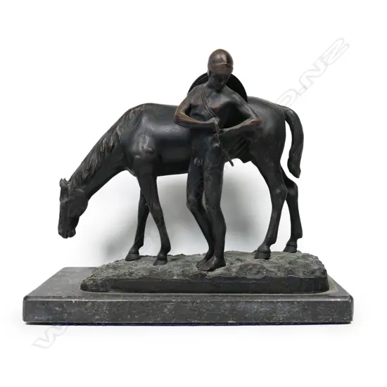 An early 1900s bronze figure of a Spartan warrior and horse,