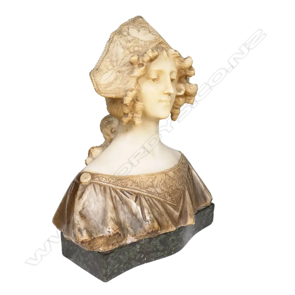 An Art Nouveau French carved alabaster bust of a young Breton woman, Image 1++