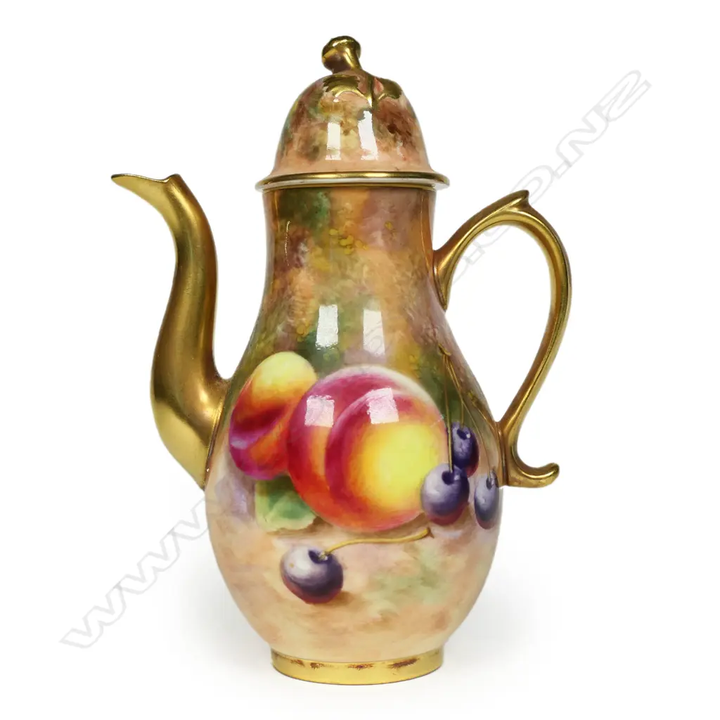 A Royal Worcester fruit hand painted miniature lidded coffee pot, Image 1++