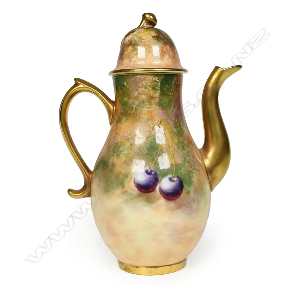 A Royal Worcester fruit hand painted miniature lidded coffee pot, Image 1++