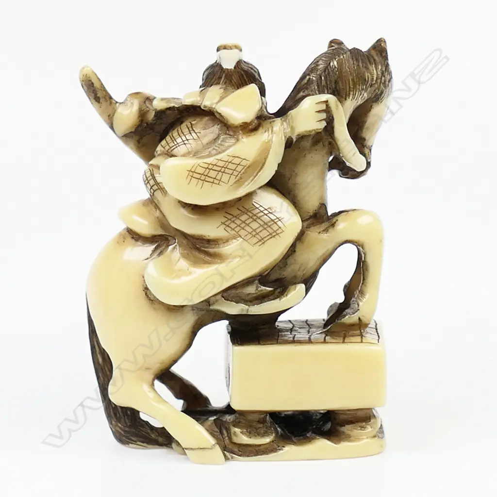 Ivory netsuke of a warrior on rearing horse on Go board, Image 1++