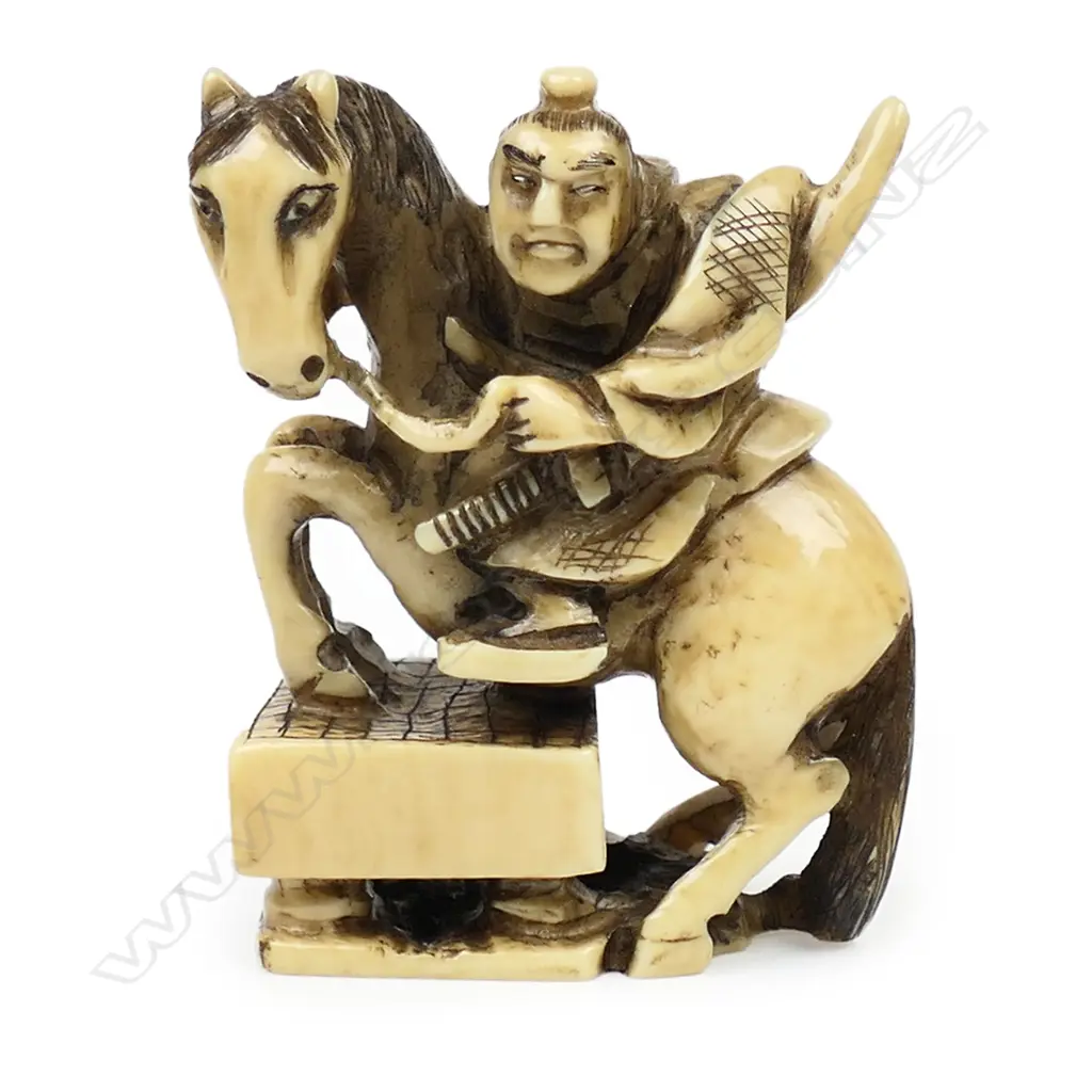Ivory netsuke of a warrior on rearing horse on Go board, Image 1++